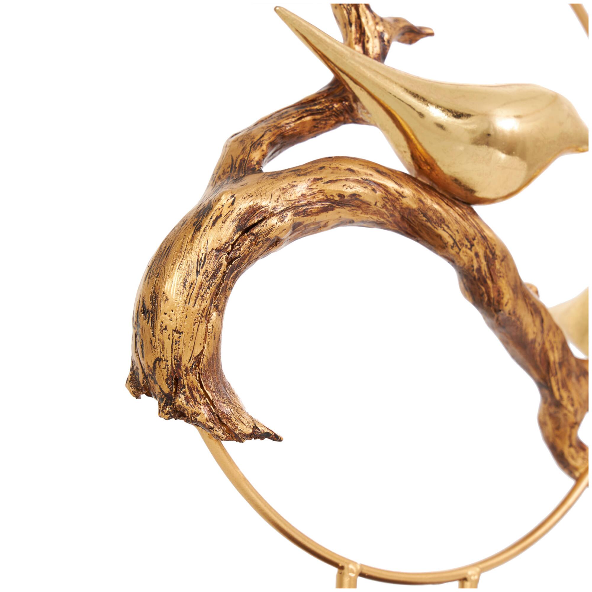 16" Gold Polystone Bird Family On A Branch Sculpture with Brown Block Base